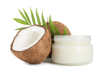 Coconuts, cooking oil and green branch isolated on white