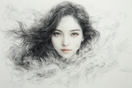 Detailed artistic drawing of a woman with flowing hair surrounded by swirling patterns - Powered by Adobe