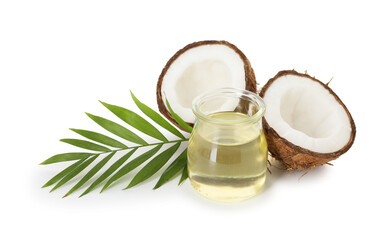 Cooking oil in glass jar, halves of coconut and green branch isolated on white