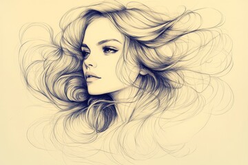 Elegant portrait of a young woman with flowing hair captured in intricate line art showcasing beauty and grace