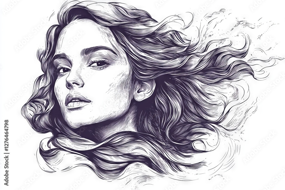 Poster intricate line art of a woman with flowing hair creating a dynamic and expressive portrait in black 