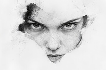 Fototapeta premium Intricate drawing of a young woman's intense gaze breaking through paper with detailed textures and shadows