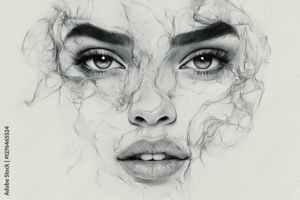 Aufkleber intricate pencil drawing of a woman's face with ethereal smoke-like patterns in a muted color palett