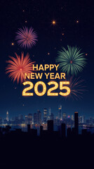 Happy New Year 2025 with fireworks over city skyline at night