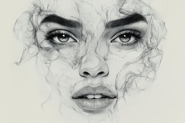 Obraz premium Intricate pencil drawing of a woman's face with ethereal smoke-like patterns in a muted color palette