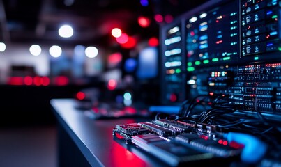 Server room, data center, network, technology, glowing lights, background blur, tech support