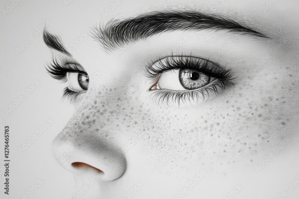 Poster close-up of a youthful face showcasing intricate details around the eyes and freckles with a soft ov