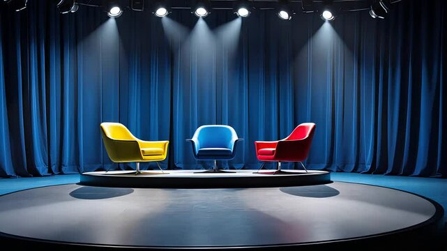 Empty talk show stage with three colorful chairs under dramatic spotlights in a professional interview studio setup

