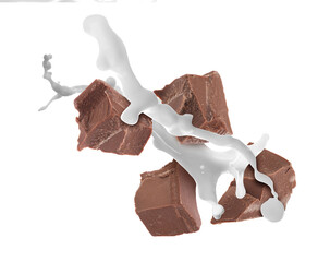 Milkshake with pieces of chocolate on white background