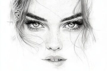 Obraz premium Detailed pencil drawing of a young woman with captivating eyes and soft features on a blank background