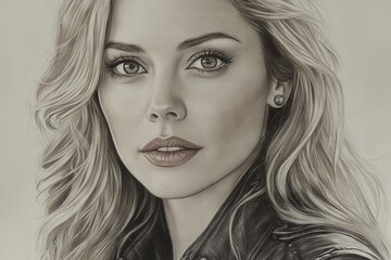 Fototapeta premium Portrait of a woman with long blonde hair and striking blue eyes wearing a leather jacket in a realistic style