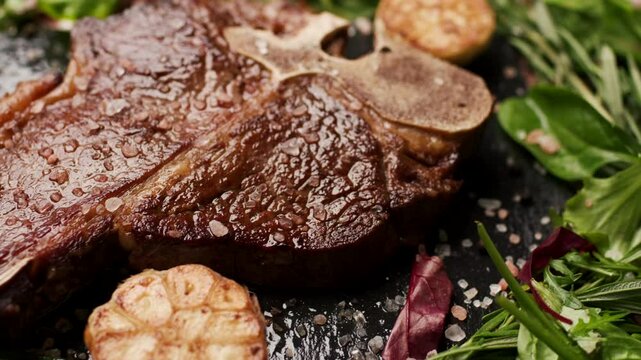 Grilled T-Bone Steak on Table Close Up Handheld Camera