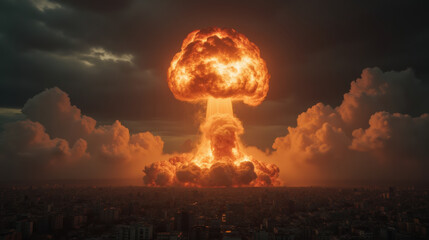 Fototapeta premium dramatic explosion fills sky with fiery clouds over cityscape