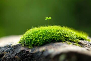 Fototapeta premium Tiny plant growing on moss-covered rock in nature