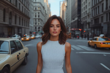 Fototapeta premium Young stylish businesswoman walking on new york city street with yellow cabs