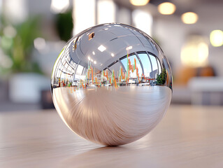 Reflective sphere with stock market data in modern office environment for financial analysis and investment strategy