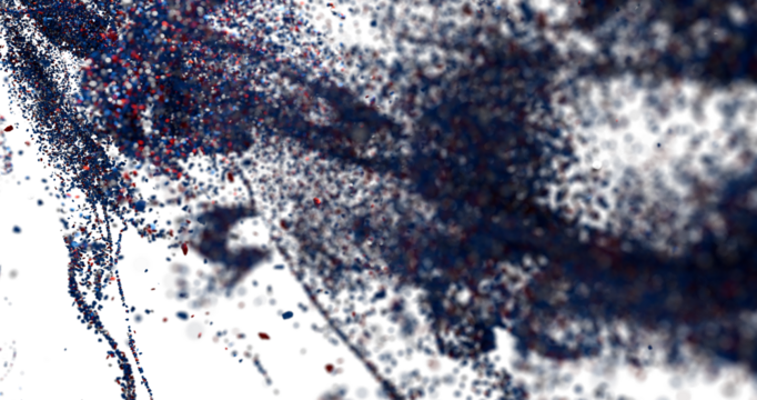 Dynamic abstract background with blue and red particles dispersing. Ideal for tech, energy, or science themes.