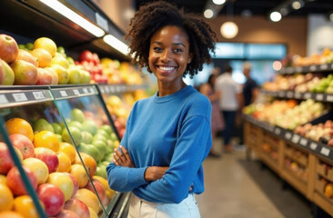 Young African American woman in a supermarket choosing a product. Shopping concept.