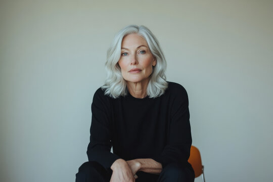Stylish senior woman sitting with folded arms, embracing aging gracefully