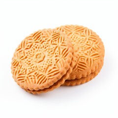 Obraz premium These two delectable round butter cookies are generously filled with a rich creamy filling, making them a perfect sweet treat. They are beautifully isolated on a clean white background.