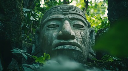 Obraz premium Ancient Stone Head Lost In The Jungle. A Mysterious Idol Evoking Adventure, History, And Cultural Heritage.
