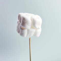 This image shows a single white square marshmallow on a wooden stick. The marshmallow is soft, fluffy, and perfectly toasted, isolated against a blue background for visibility.