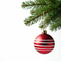 White background with single red and white striped ornament hung from tree branch, twine, ornaments