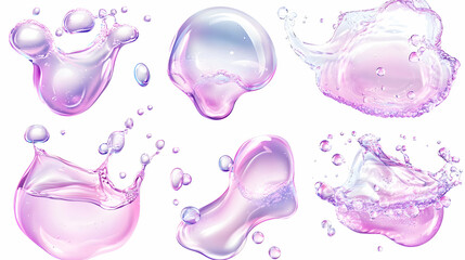 Pink water droplets splash, bubbles, isolated background, graphic design