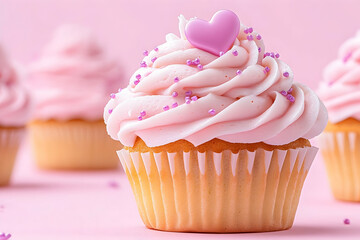 Pink Valentine's cupcakes, close-up, sweet treat, pink background