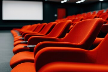 Fototapeta premium Empty red auditorium seats, cinema, conference, presentation, business, education