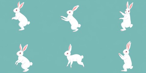 Fototapeta premium White rabbits jumping energetically against a bright blue background