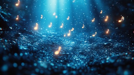 Mystical music notes falling in a glowing blue forest