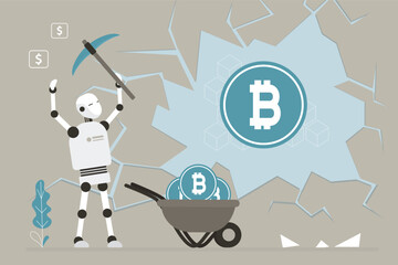 Robot mining money, collect crypto money. Bot with ai uses pickaxe to get bitcoin in stone. Extracting cryptocoin out of stone. Concept of bitcoin or cryptocurrency mining,