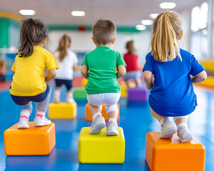 Preschoolers exercising on colorful blocks in gym