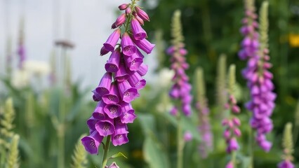 Fototapeta premium Tall, slender plant with pale green leaves and tubular bells of bright purple flowers, elegant foxglove, tall plant