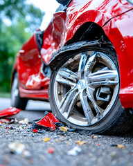 Red car crash damage roadside debris