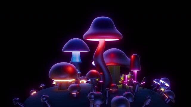 3d animation neon colorful mushrooms rotation on black color. Bright shining concept art in realistic fairy style. Beautiful fashion looping background.