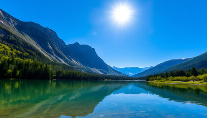 Fototapeta premium Scenic Lake and Mountain Landscape A Tranquil Nature Escape