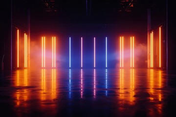 Empty studio with orange and blue neon lights reflecting on floor