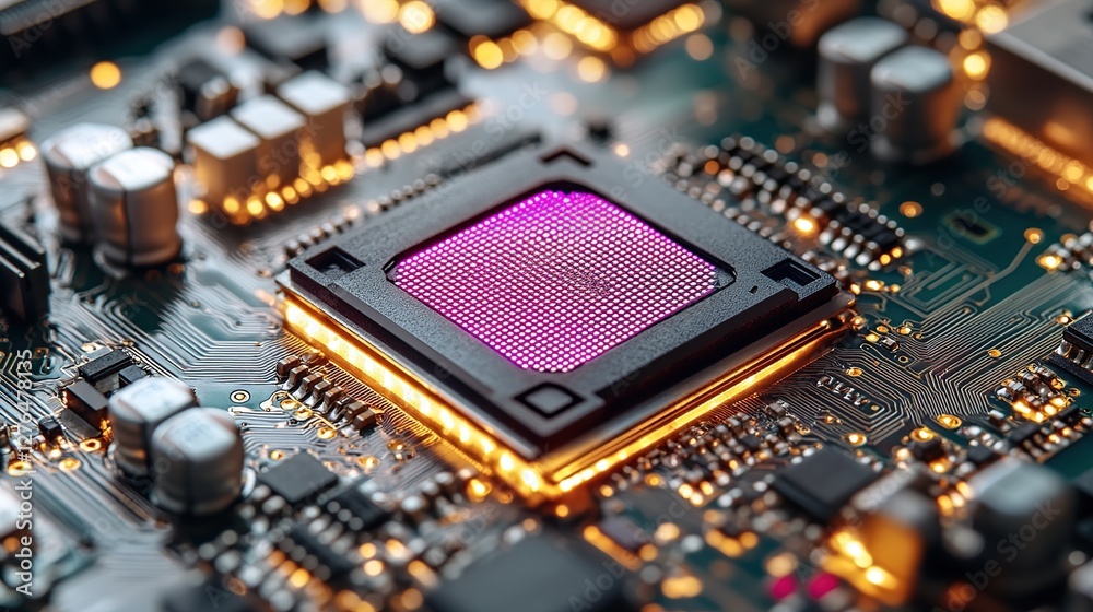 Poster close-up view of a high-tech microprocessor on a circuit board, illuminated by ambient light, showca