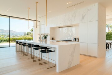Modern white kitchen with island, bar stools, mountain view