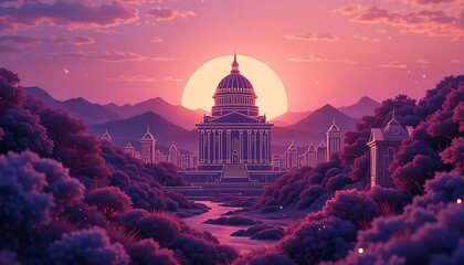 Fototapeta premium Serene Sunset Over Majestic Building Surrounded by Lush Mountains and Dreamy Landscape Illustration