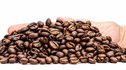 Naklejka premium Roasted coffee beans in hands, white background, food product
