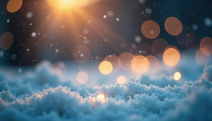 Soft golden bokeh lights dance on frosty ground, snowflakes, gentle
