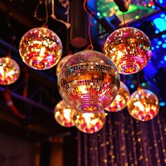 Fototapeta premium Shimmering disco balls suspended from the ceiling, sparkly ambiance, reflective surfaces