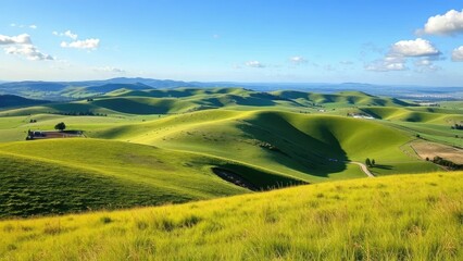 Rolling Hills and Green Pastures Under a Clear Blue Sky, serene, grasses, clouds