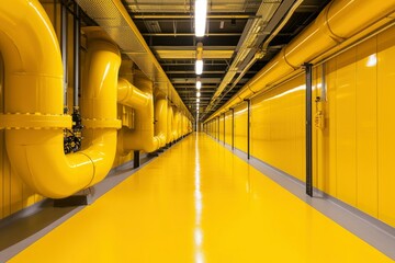 Fototapeta premium Yellow industrial hallway with pipes and bright lights
