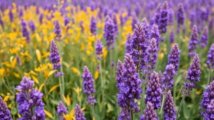 Purple flowers in a field with golden leaves and lavender, field, foliage