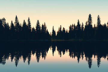 Curtains Serene forest reflecting in calm lake at sunset