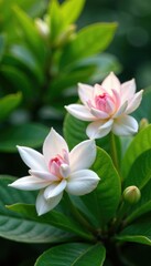Fototapeta premium Pinkish-white gardenia gerdenia flowers in a lush green garden, plants, blooms